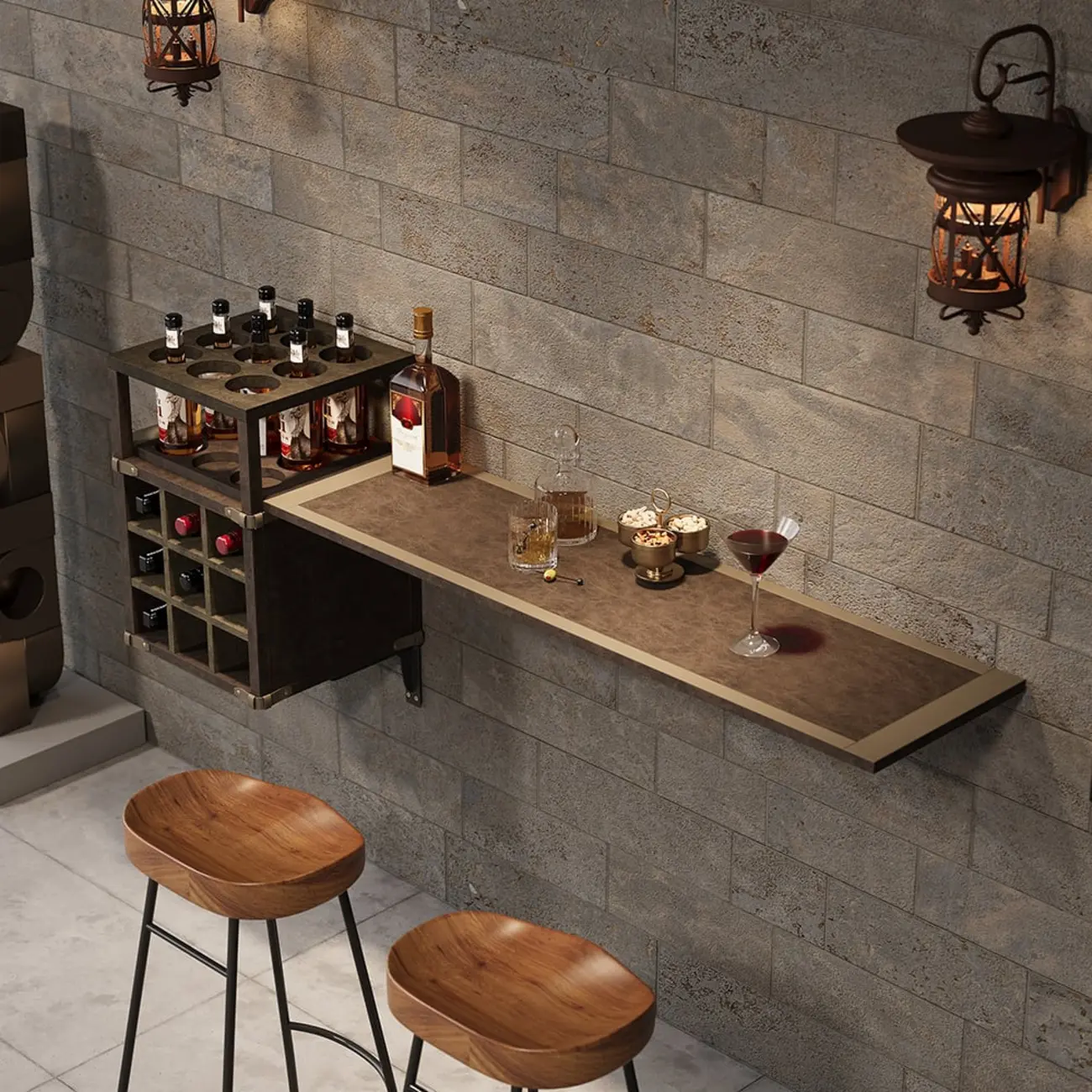Industrial Wall Mounted Bar Counter with Wine Rack