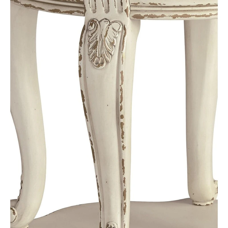 Round Wooden End Table with Open Bottom Shelf, Brown and Antique White