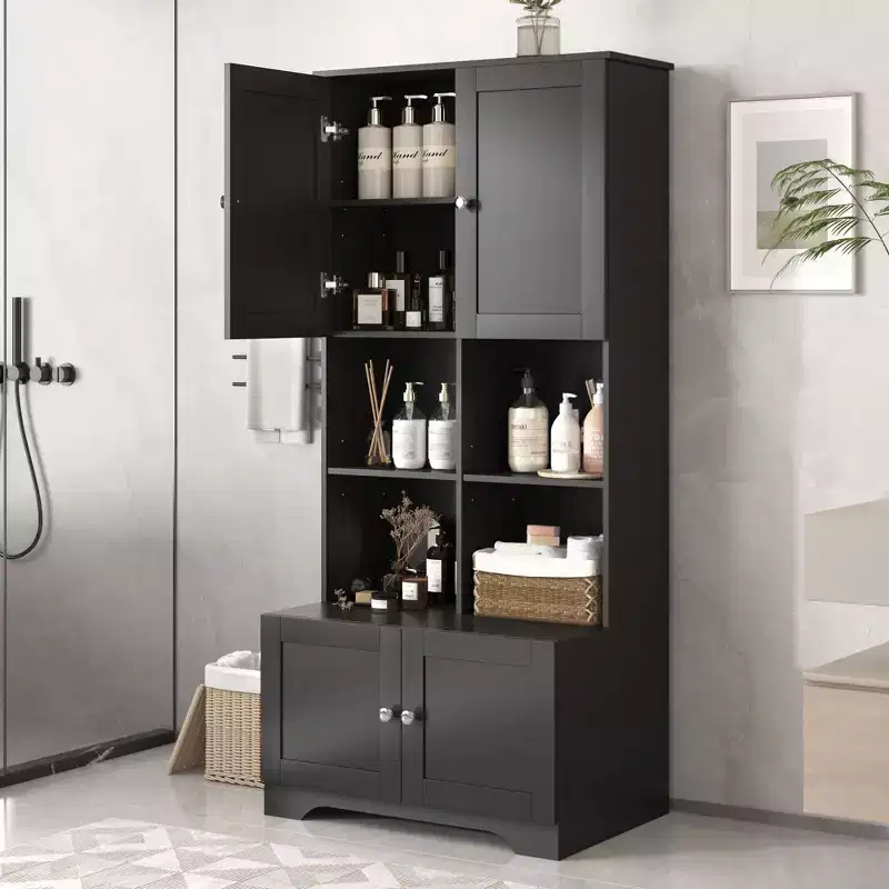 Okak Tall Freestanding Bathroom Cabinet with 4 Doors & 4 Open Shelves,Floor Storage Cabinet Unit for Bathroom,Kitchen