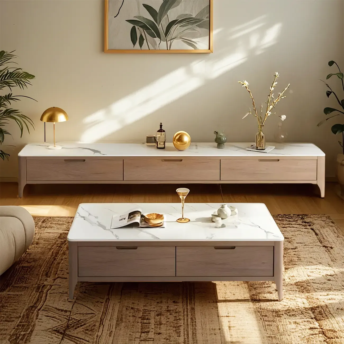 71 Brown Stone Top Cable Management TV Stand with Drawers