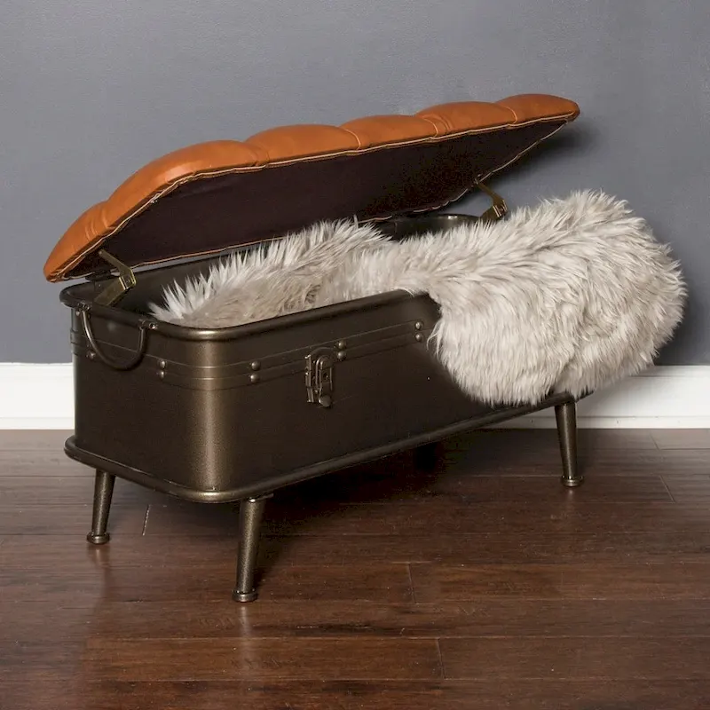 Tan Tufted Faux Leather & Distressed Metal Storage Bench - Single Use
