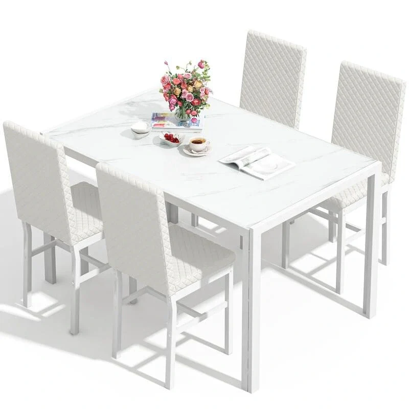 Modern Dining Room Table with Tempered Glass Tabletop and Diamond Stitching PU Leather Chairs
