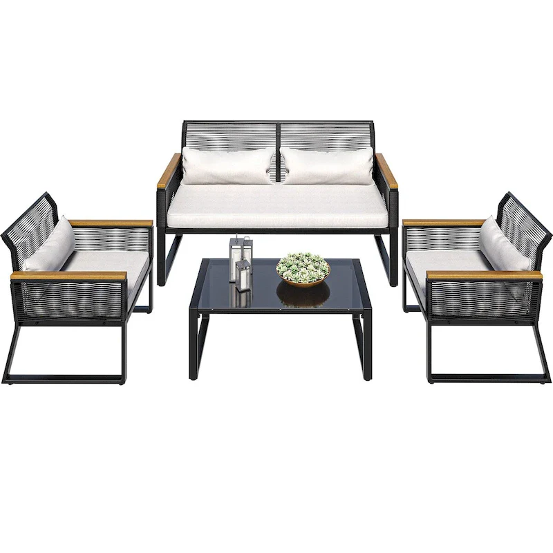4-Piece Outdoor Bistro Set Weather-Resistant Wicker Rattan Patio Furniture with Wooden Armrests and Cushions - 4PCS