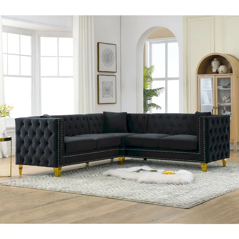 Black 82.2  Velvet Chesterfield L-Shaped 5-Seater Sectional Sofa with Nailhead Trim, Metal Legs, and Tufted Cushions