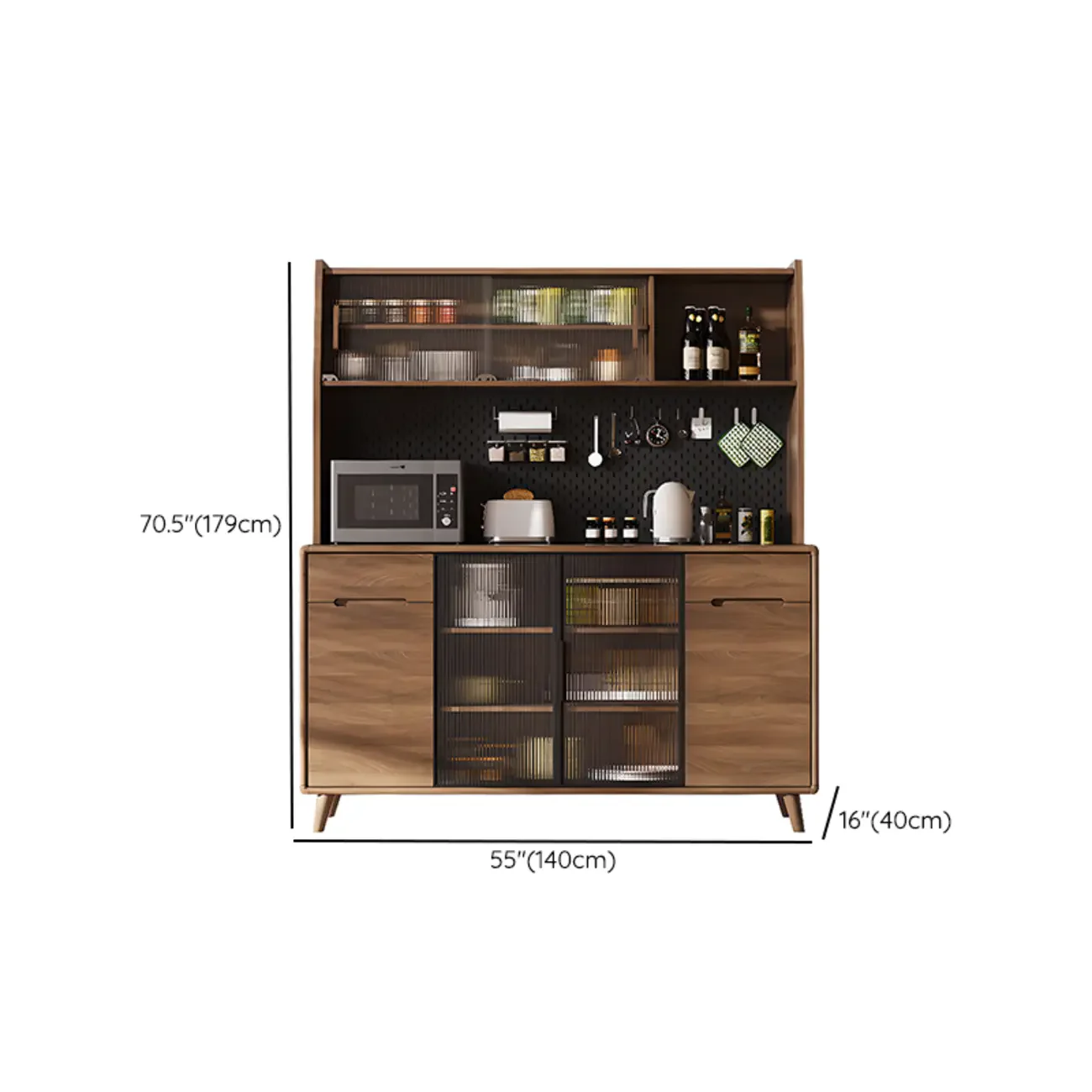 Kitchen Brown Wooden Hutch Top Sideboards with Pegboard Back