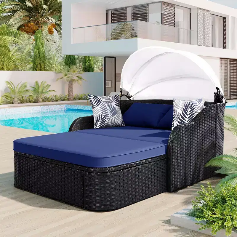 GDFStudio Sidney Patio Modern PE Rattan Double Chaise Lounge Daybed with Adjustable Canopy, Cushions and Pillows