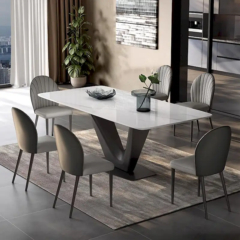 White Rectangular Dining Table for 6 with Black V-Shaped Steel Legs