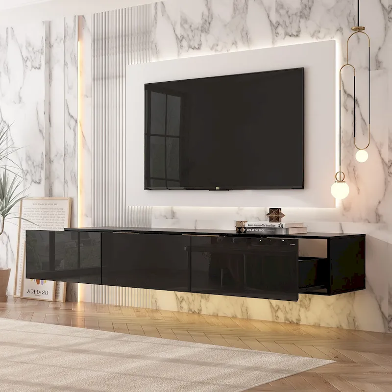 63 Floating Entertainment Center, Wall Mount LED TV Stand High Gloss