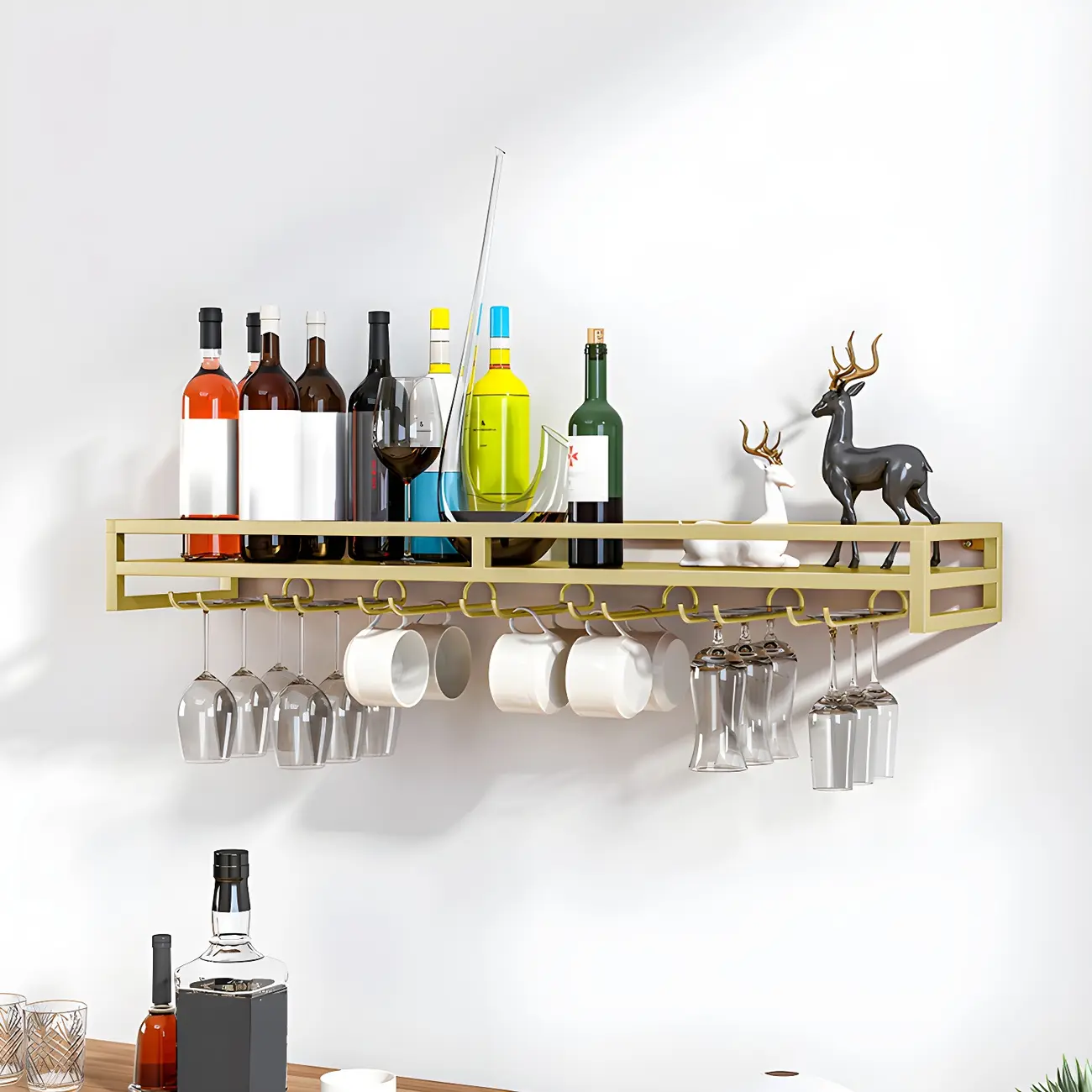Floating Mount Metal Wine Glasses and Bottle Rack with Hook