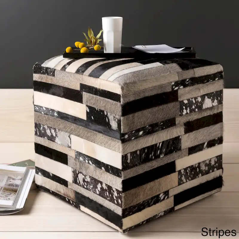 Livabliss Cattle Range Leather Cowhide Cube Pouf Ottoman