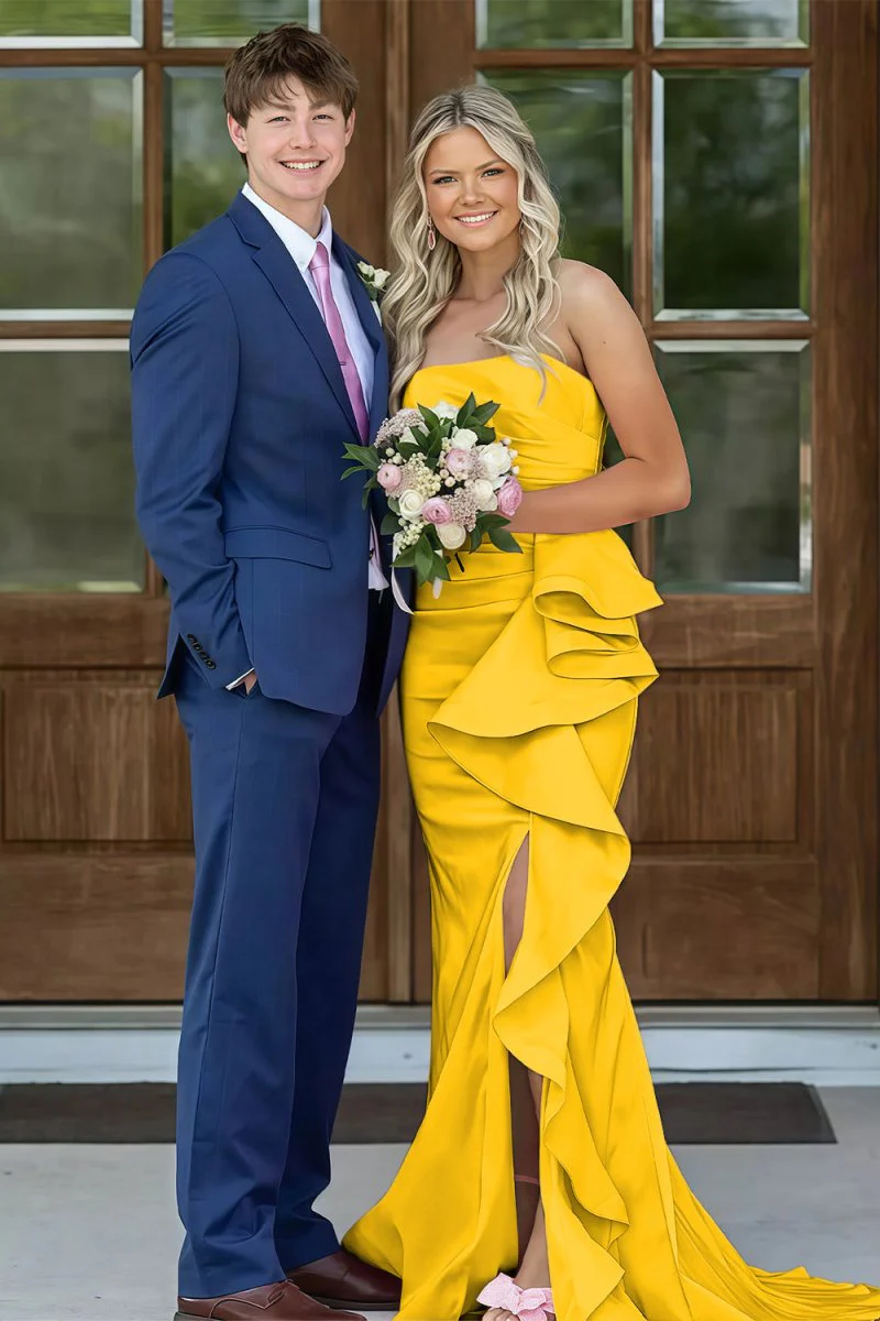 Pink Mermaid Strapless Satin Ruffled Long Prom Dresses with Slit