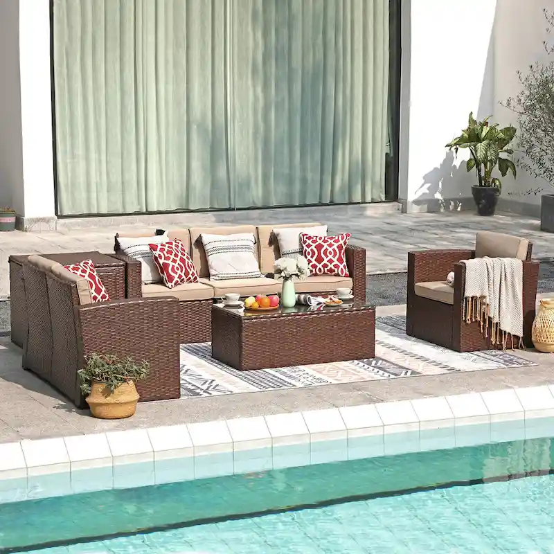 Outdoor 8 Pieces Wicker Sectional Sofa Set w/ Storage Box