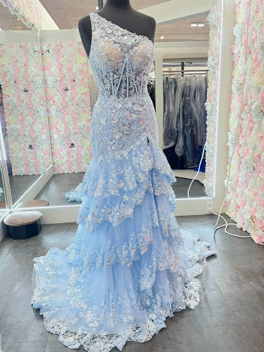 Sheath One Shoulder Tiered Lace Long Prom Dress