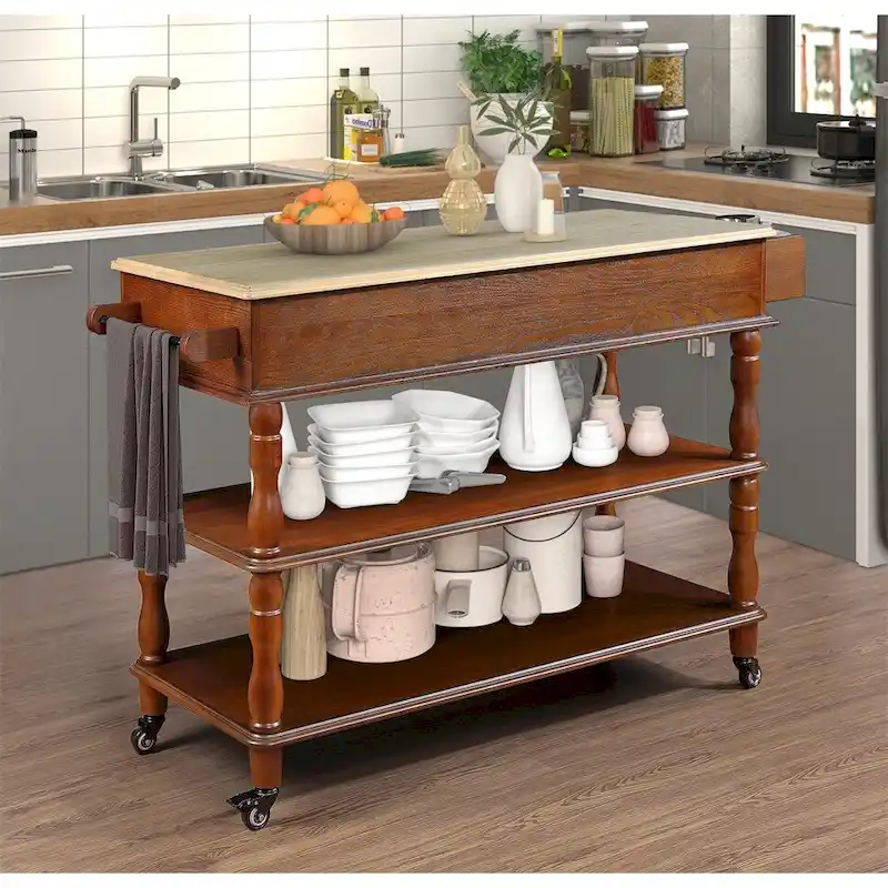 Rolling OAK Wood Top Kitchen Cart with Wine Rack and 2 Drawers