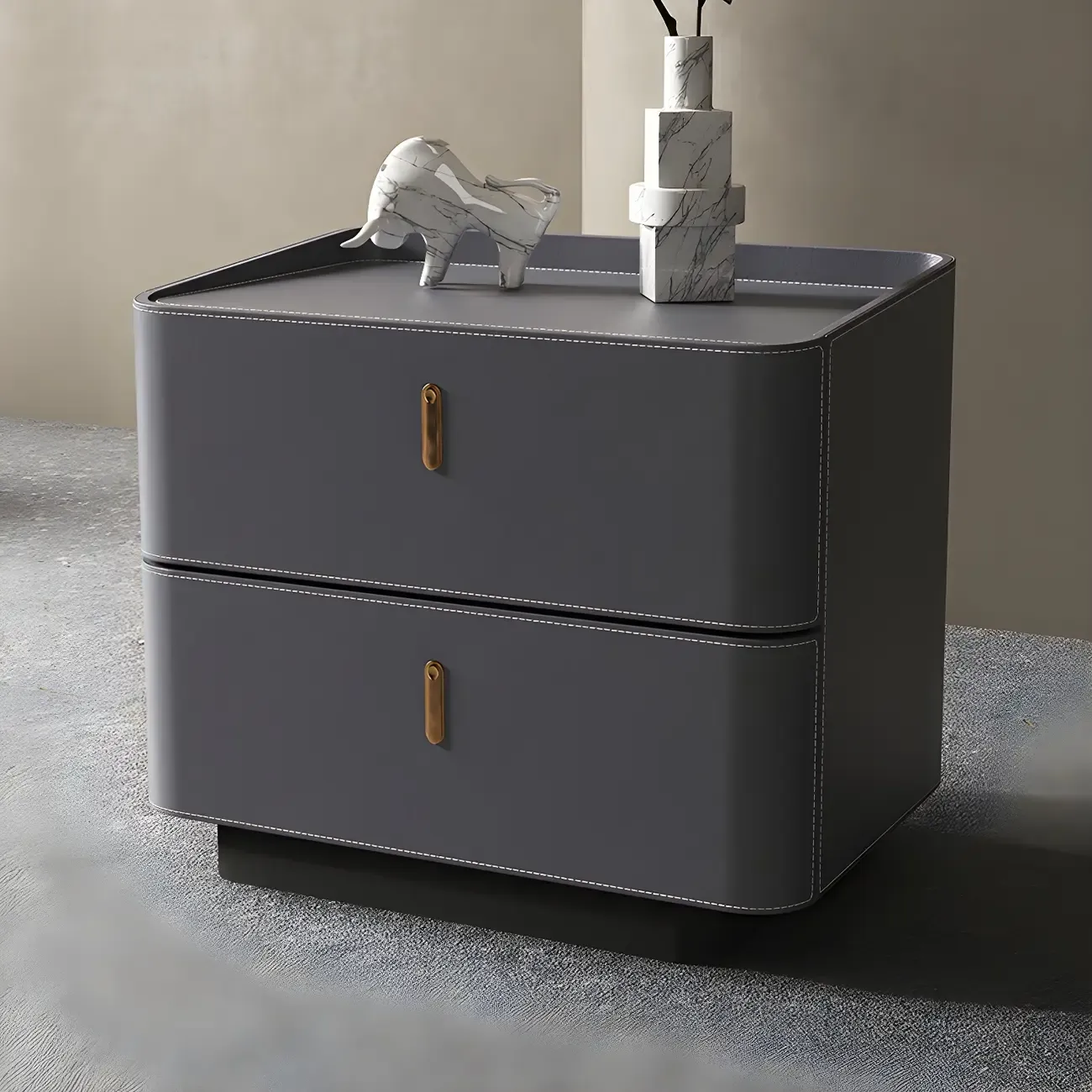 Modern Black Faux Leather Top Wood 2-Drawer Nightstand