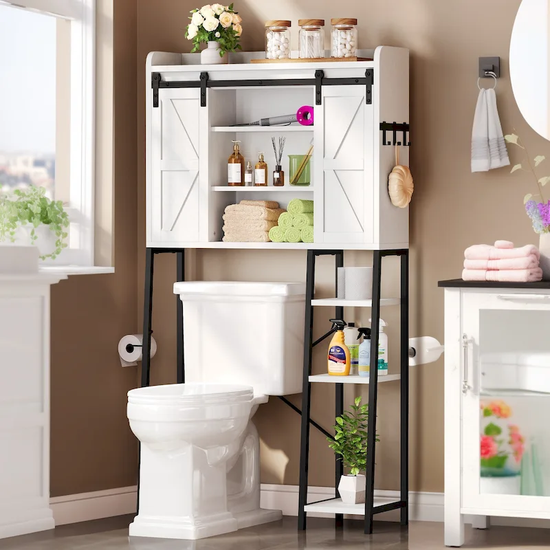 61 Tall Over The Toilet Storage Cabinet Rack with Farmhouse Sliding Door and Metal Base