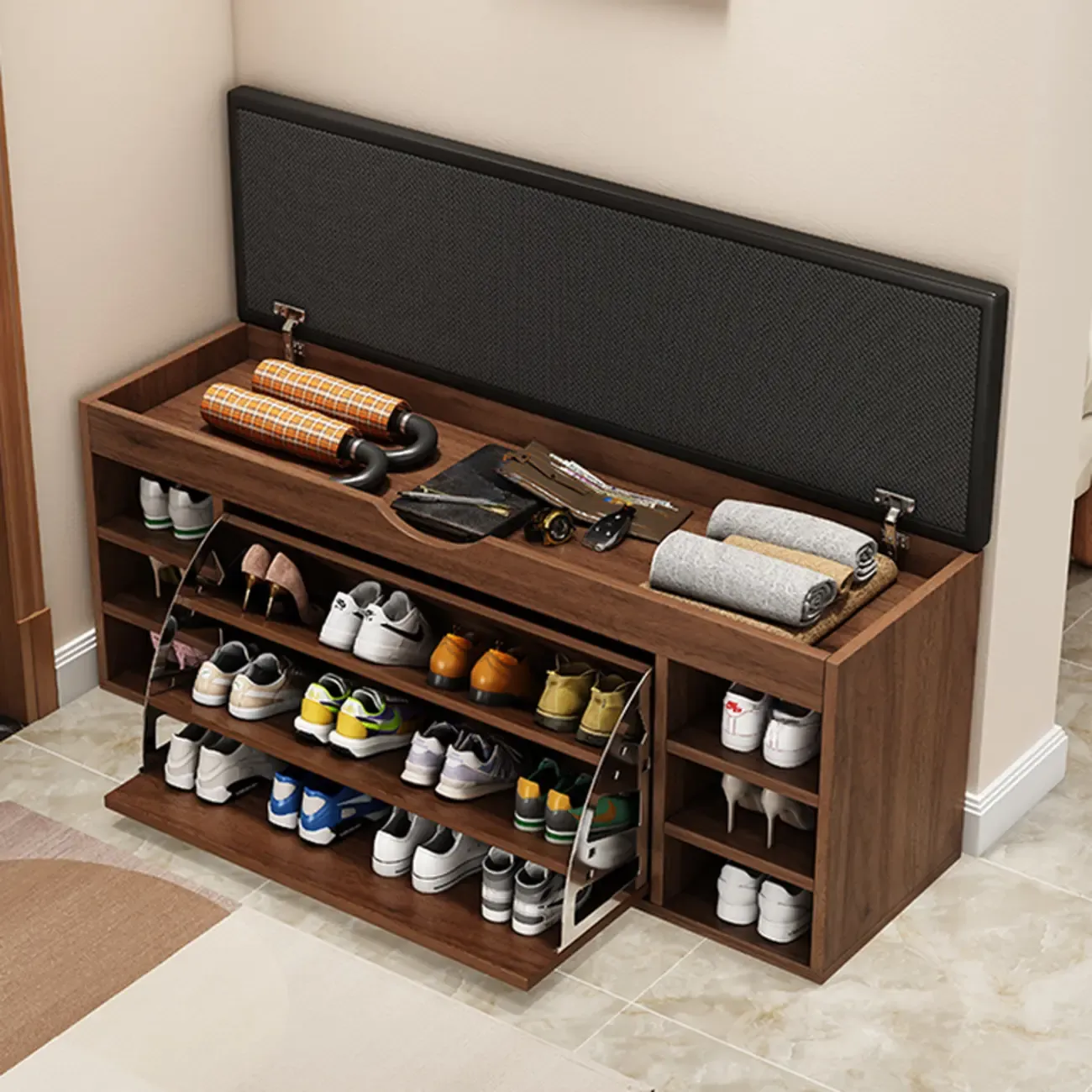 Entryway Drop Front Shoe Storage Bench with Flip-Top