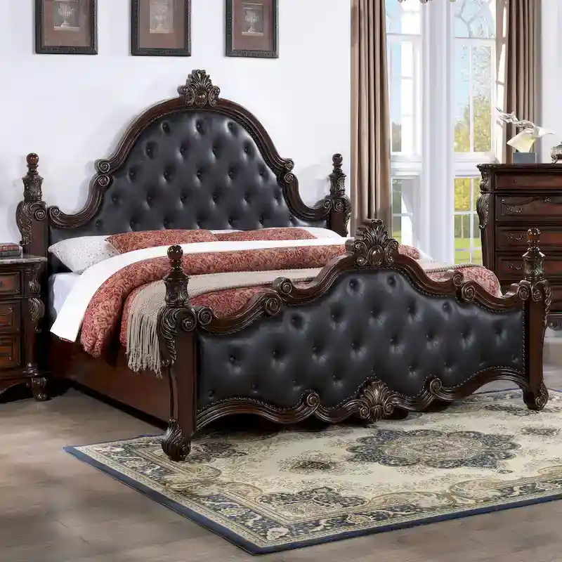 Traditional Four Poster Panel Bed with Button-Tufted Headboard