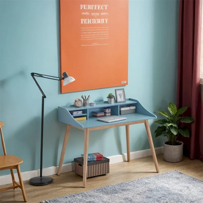 Mid-Century Modern Wood Writing Desk with Hutch