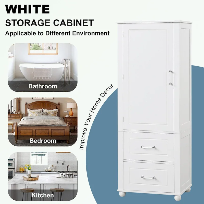 White Tall Bathroom Storage Cabinet, 1-Person Use, 2 Drawers