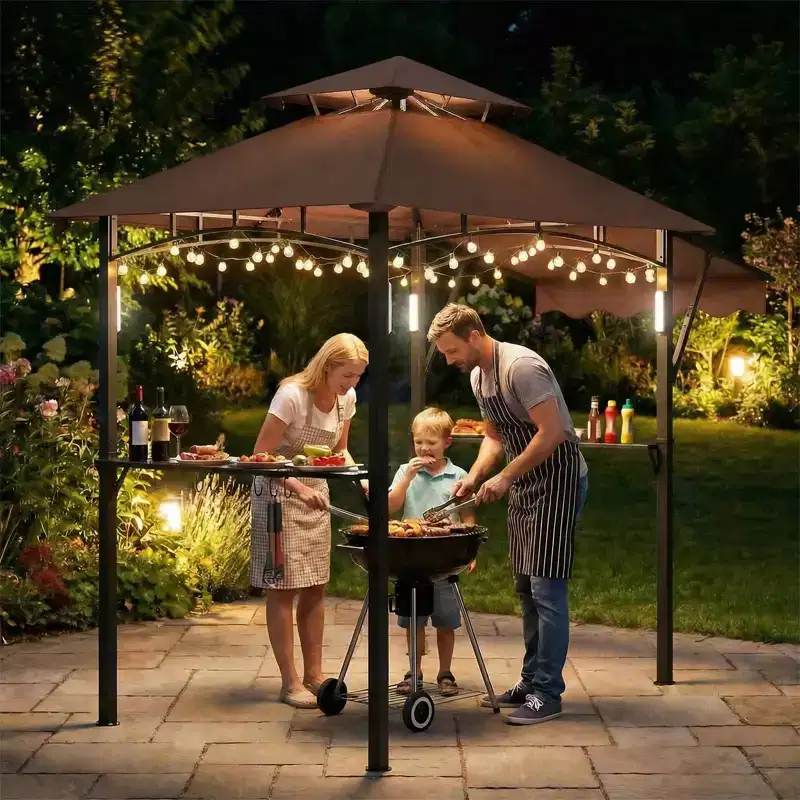 Grill Gazebo with Side Awning, Double-Tier BBQ Canopy with 2 Side Shelves, 10 Hooks & Bottle Opener, for Patio, Backyard, Garden, Deck