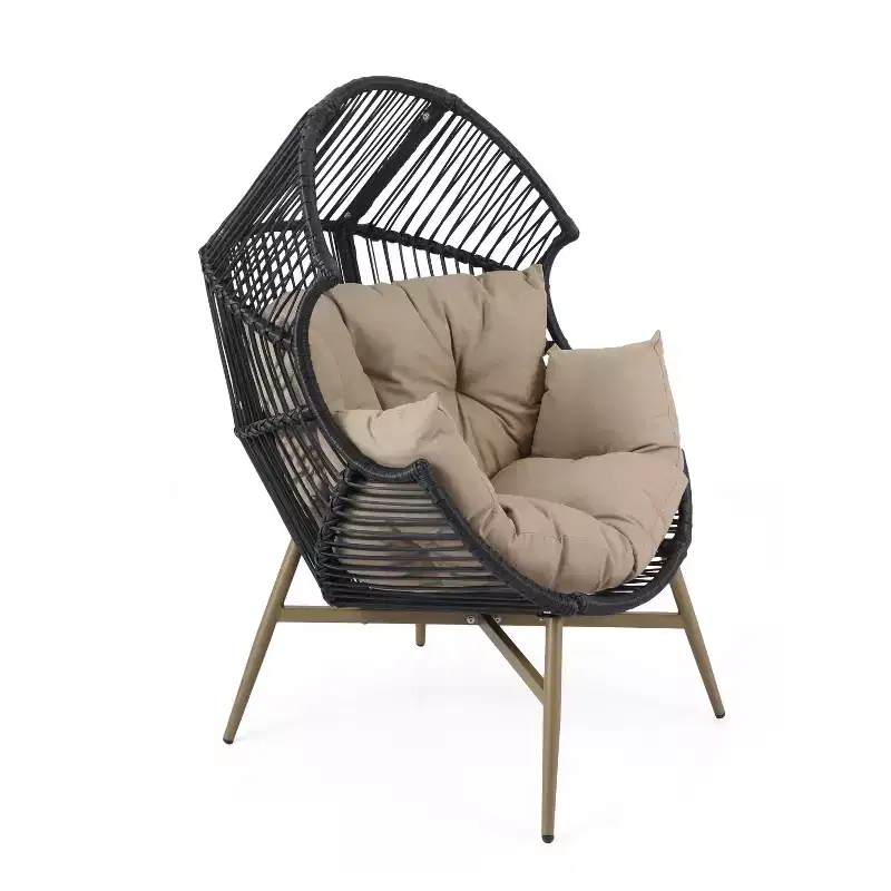 Okak Modern Faux Wicker Patio Egg Chair Rattan Accent Chairs with Whole Upholstery&Armrest,Chic Accent Chair for Porch,Backyard&Garden,Black/Khaki