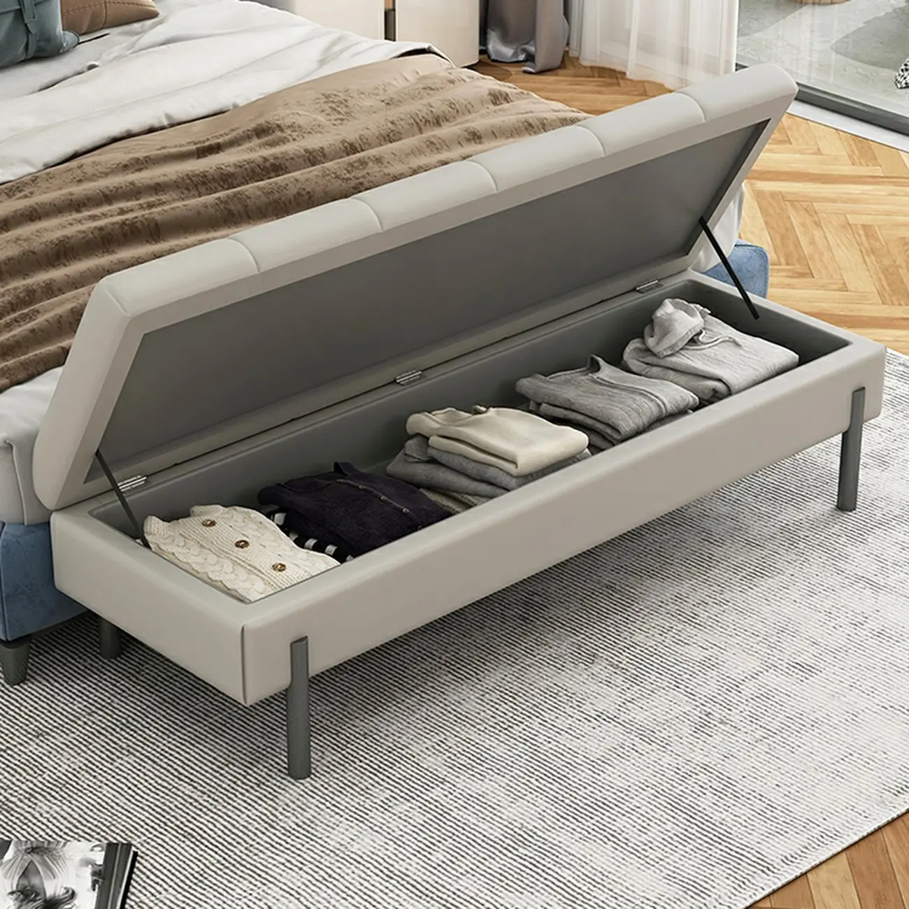 Modern Grey Upholstered Bedroom Bench with Hidden Storage