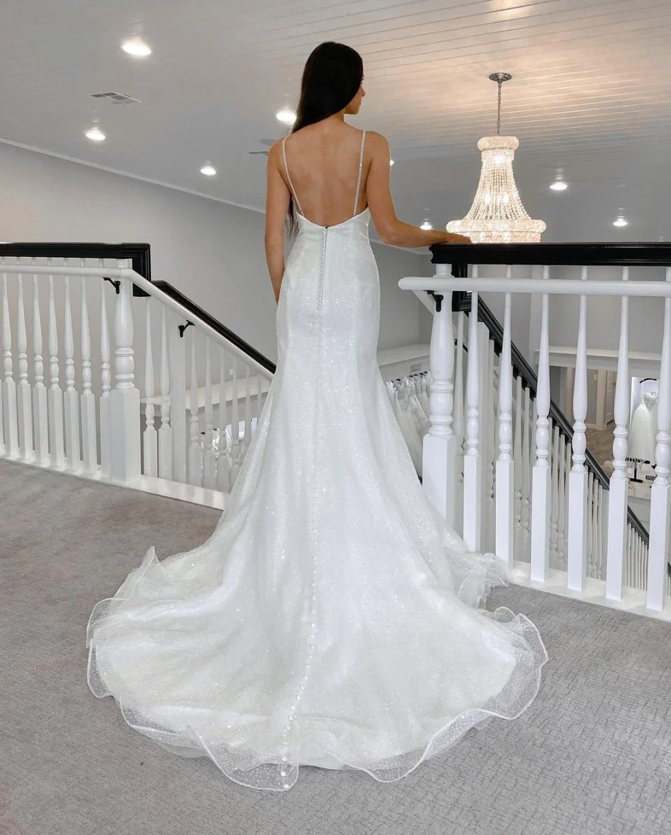 Sparkly Mermaid V Neck Sequins White Wedding Dresses