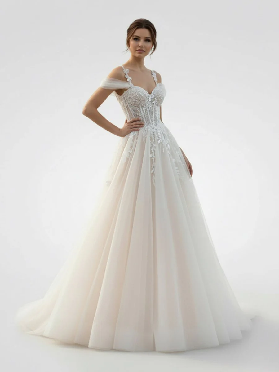 A-Line Off-The-Shoulder Tulle Wedding Dresses With Appliques Lace