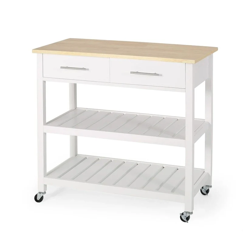 Modern White Wood Kitchen Cart with Wheels Drawers and Shelves by