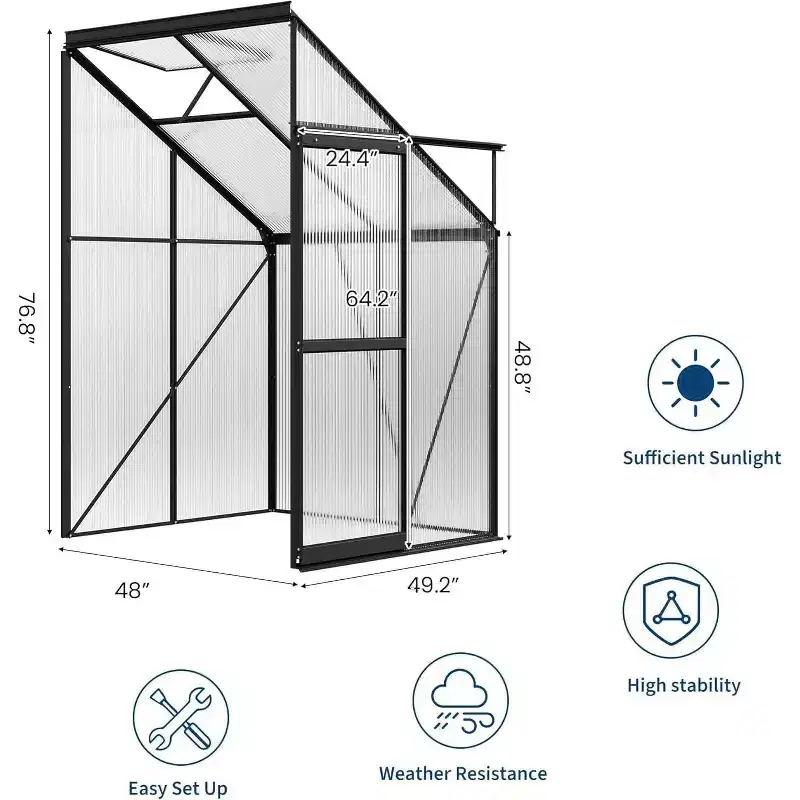 4x4FT Lean to Greenhouse Kit, Small Walk-in Greenhouse with Polycarbonate Panels, Adjustable Roof Vent Window, Sliding Door Patio Grow House