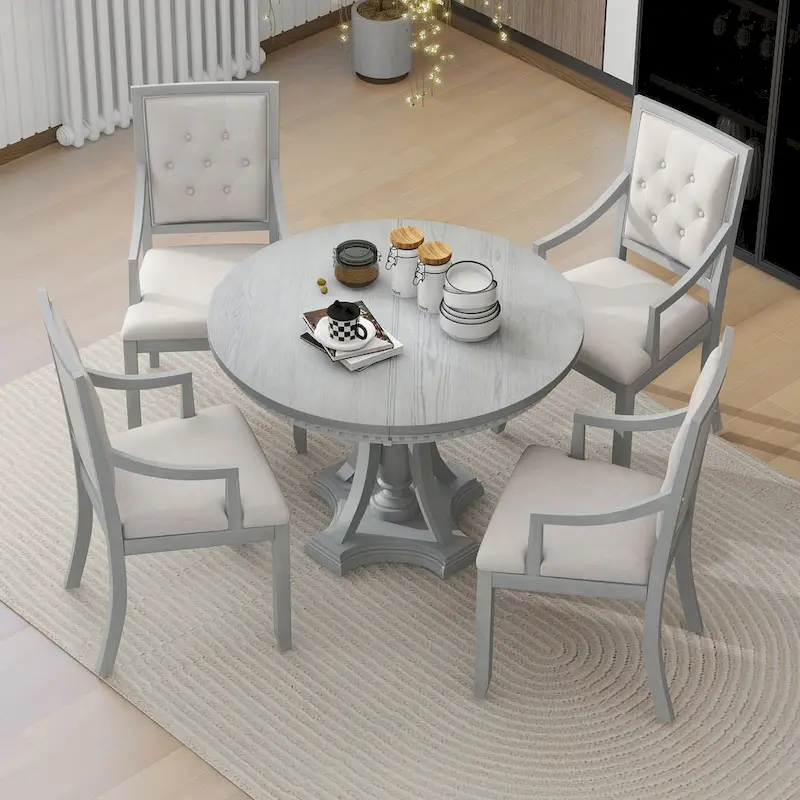 Retro 5-piece Dining Set with Extendable Round Table and 4 Chairs