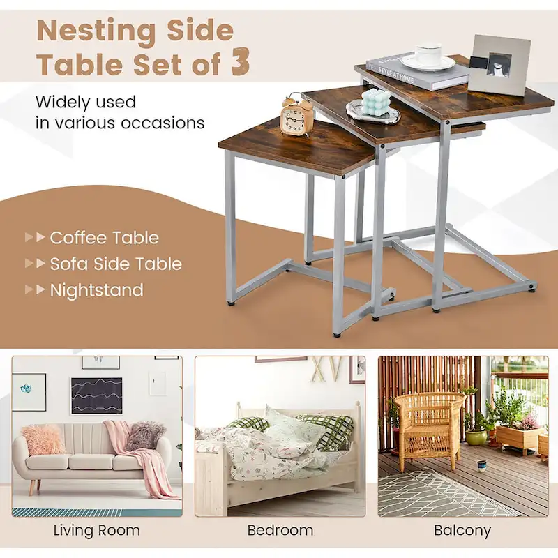 Gymax 3 Pcs Nesting Coffee End Table Set Stacking Side Nightstand