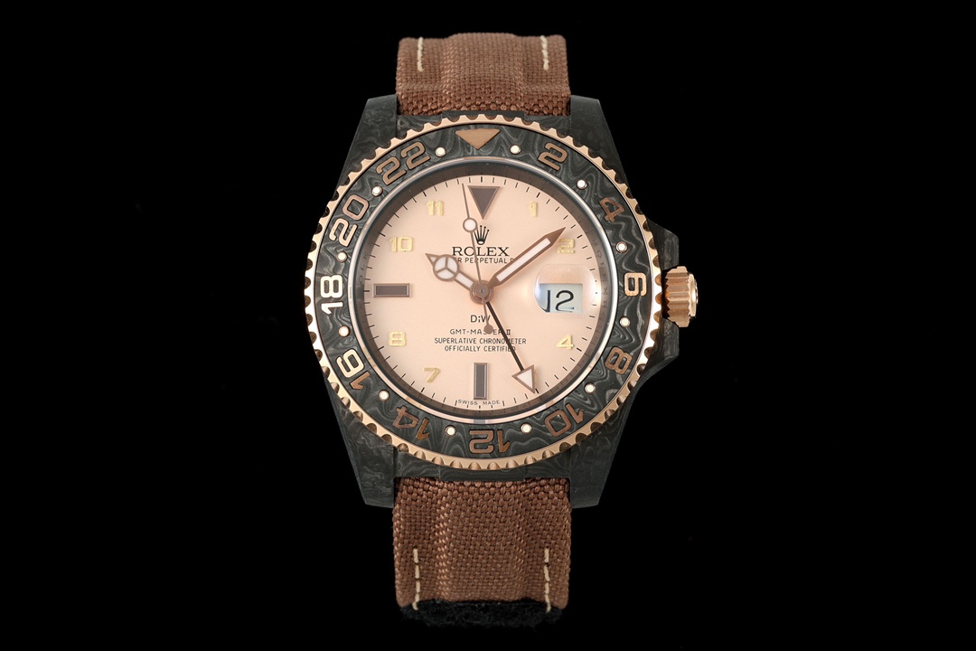 Front view of the rolex replica GMT-Master II with champagne dial and carbon fiber case