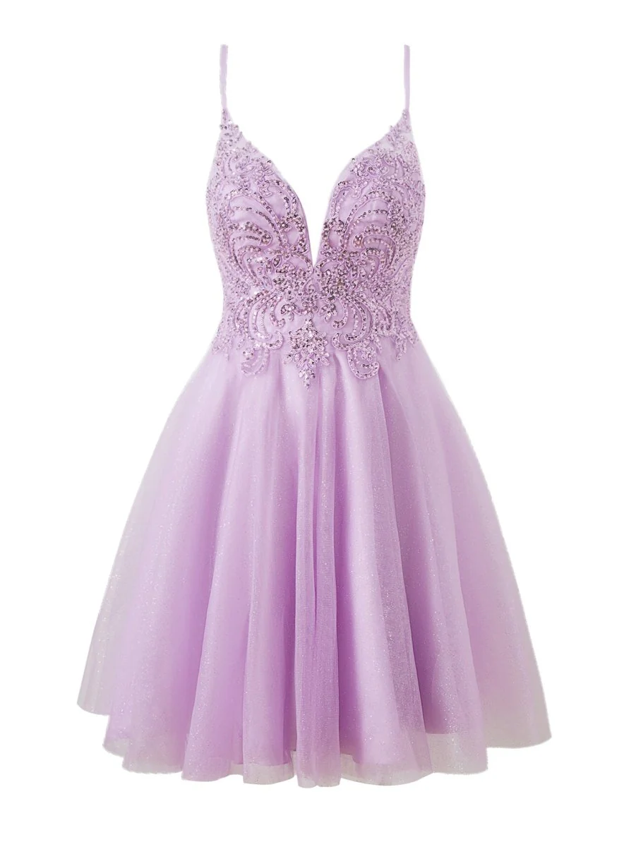 A line Short Spaghetti Strap Glitter Tulle Homecoming Dress