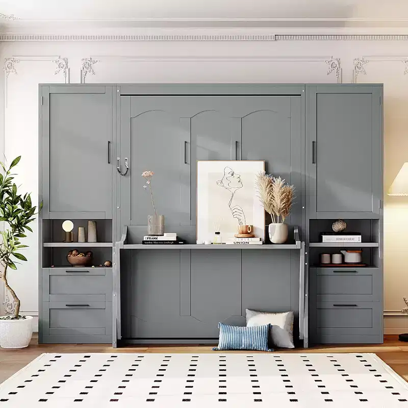 ModernLuxe Full/Queen Size Murphy Bed Wall Bed with Closet, Drawers & Shelves, Space-Saving Foldable Bed for Bedroom, White/Gray