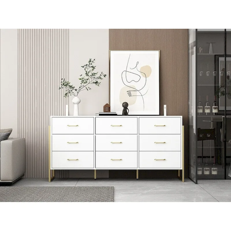 Versatile 9-Drawer Dresser - Sleek Black & Gold, Premium Quality Chest