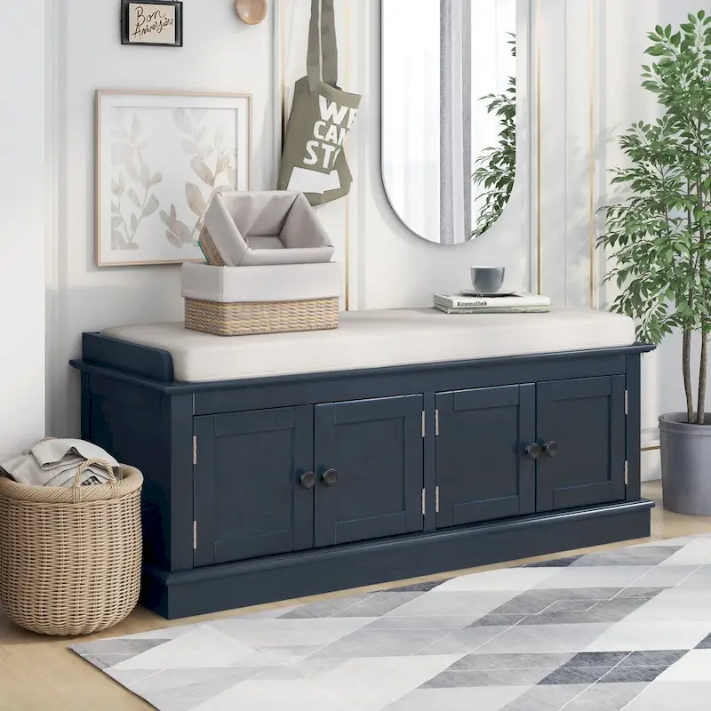 Storage Bench with 4 Doors, Adjustable Shelves and Removable Cushion