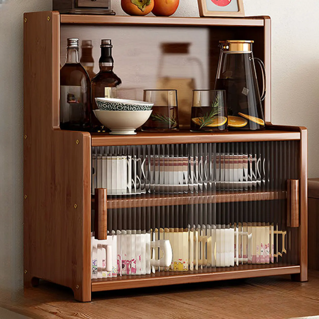 Modern Bamboo Narrow Buffet with Wood Countertop