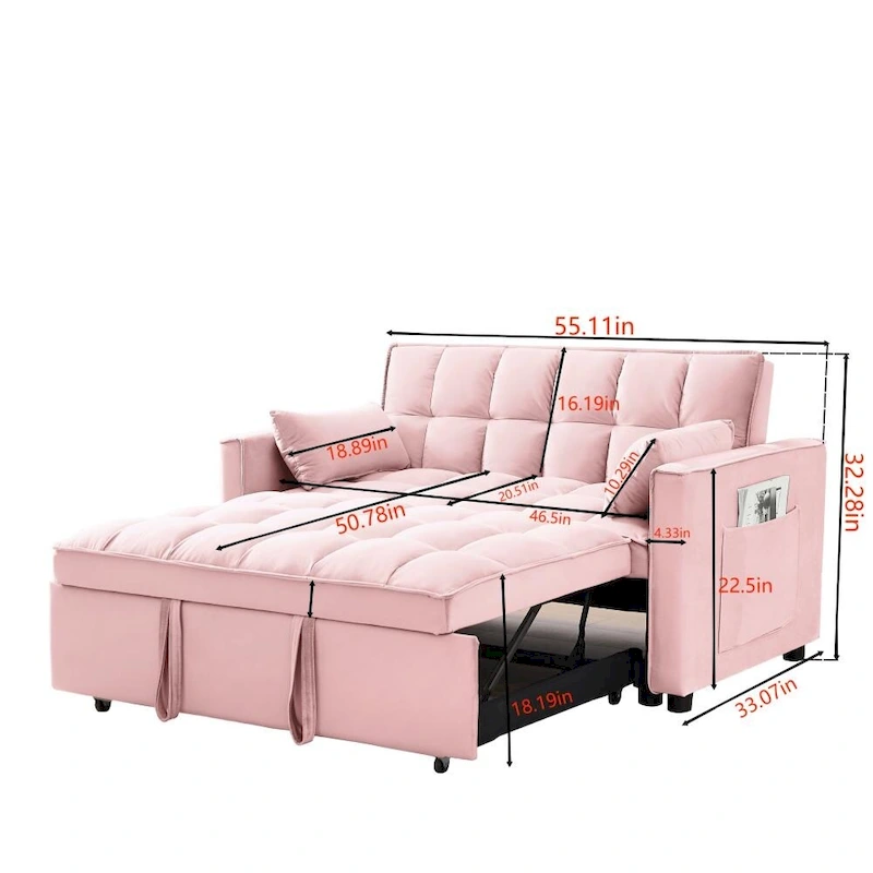 3 in 1 Convertible Velvet Sofa Couch w/Pullout Bed and Reclining Backres