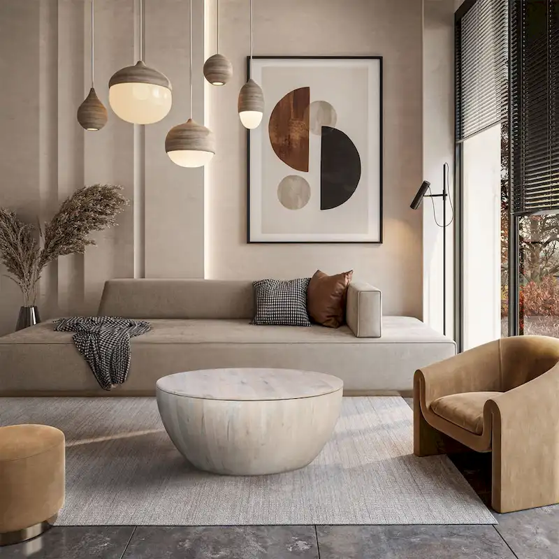 White 37 Inch Round Drum Coffee Table with Storage - Mango Wood