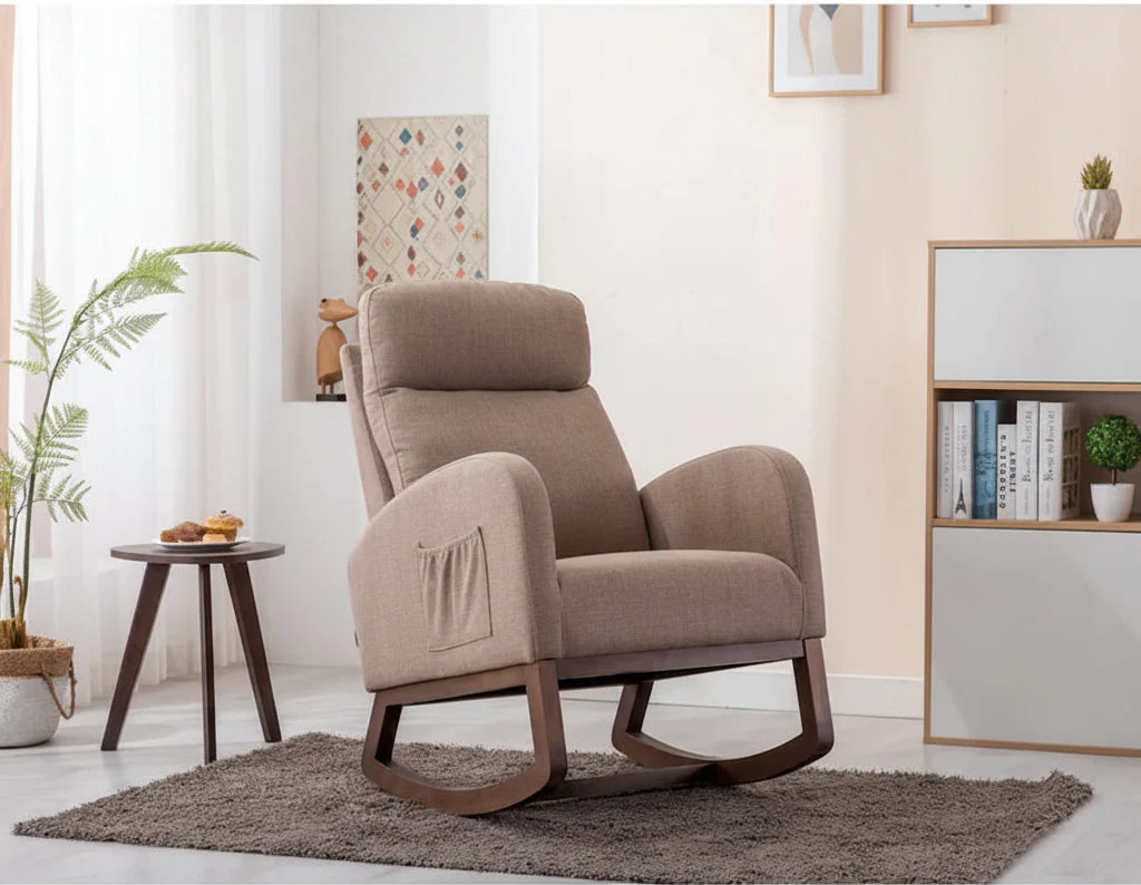 Upholstered Rocking Chair with Wood Legs and Side Pockets