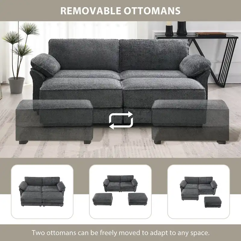 4 Seat Upholstered Free Combination Modular Convertible Sectional Sofa Bed Set, Deep-Seat,Ottoman,Grey