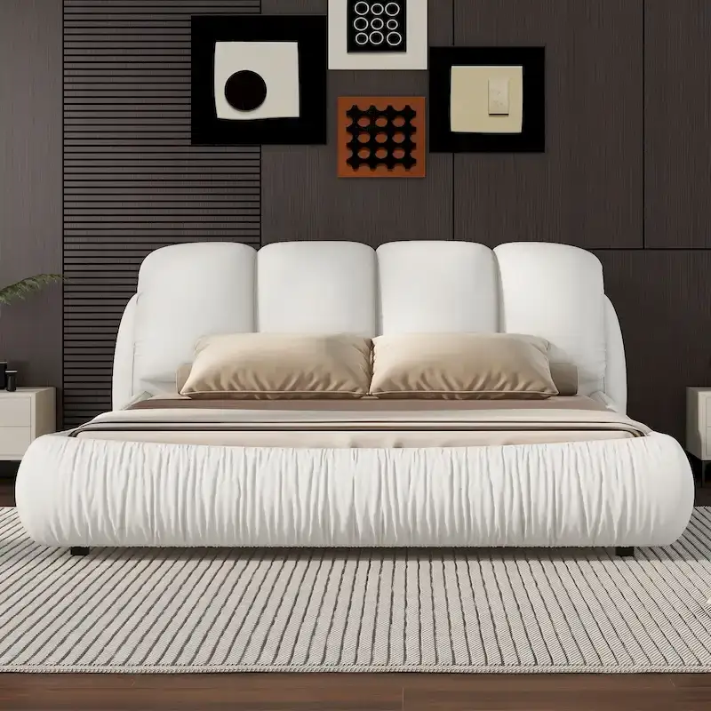 Luxury Upholstered Leather Bed with Thick Headboard
