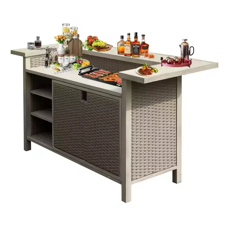 GDFStudio Wioletta Farmhouse Patio Wicker Aluminum Bar Table Cabinet