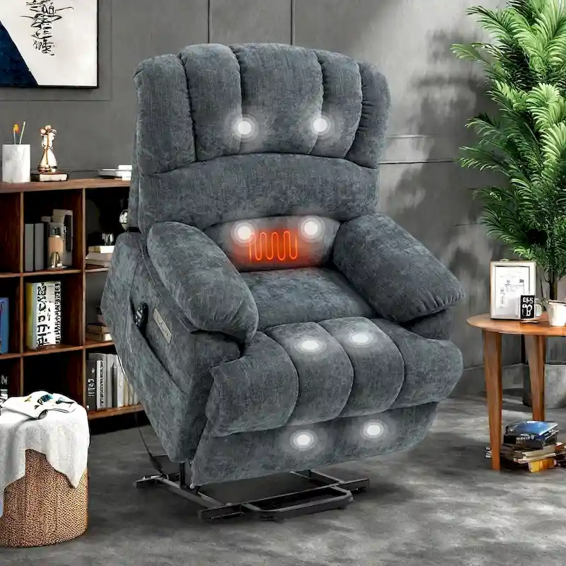 Oversized Chenille Power Lift Recliner Chair with Massage and Lumbar Heating, USB Charge Port