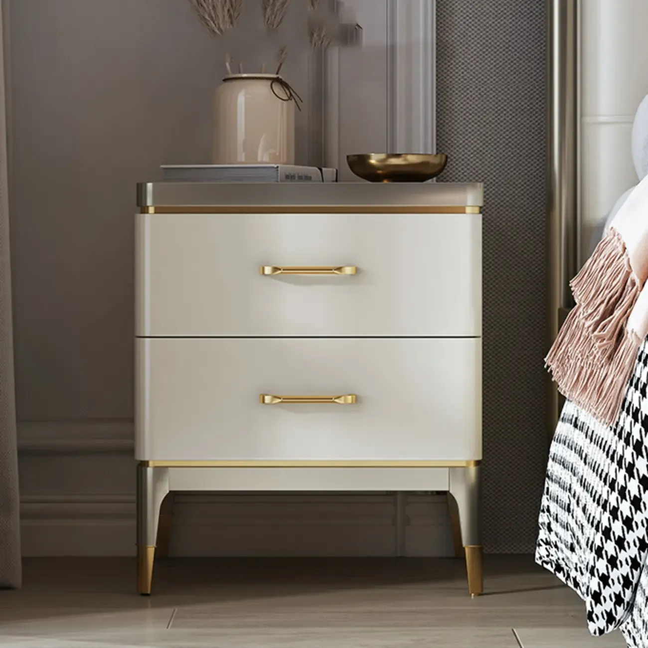 Glam Gold White Metallic Top 2-Drawer Nightstand