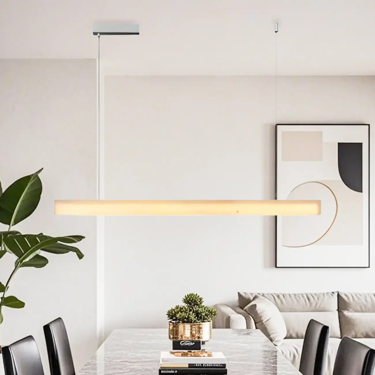 White Stone Linear LED Island Pendant Light In Rectangle Shape