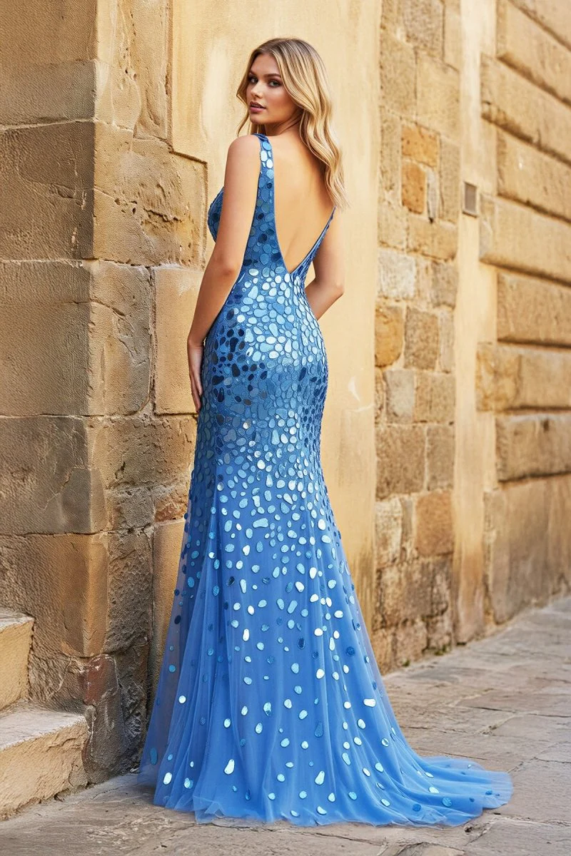 Royal Blue Mermaid V Neck Mirror-Cut Long Prom Dress With Split
