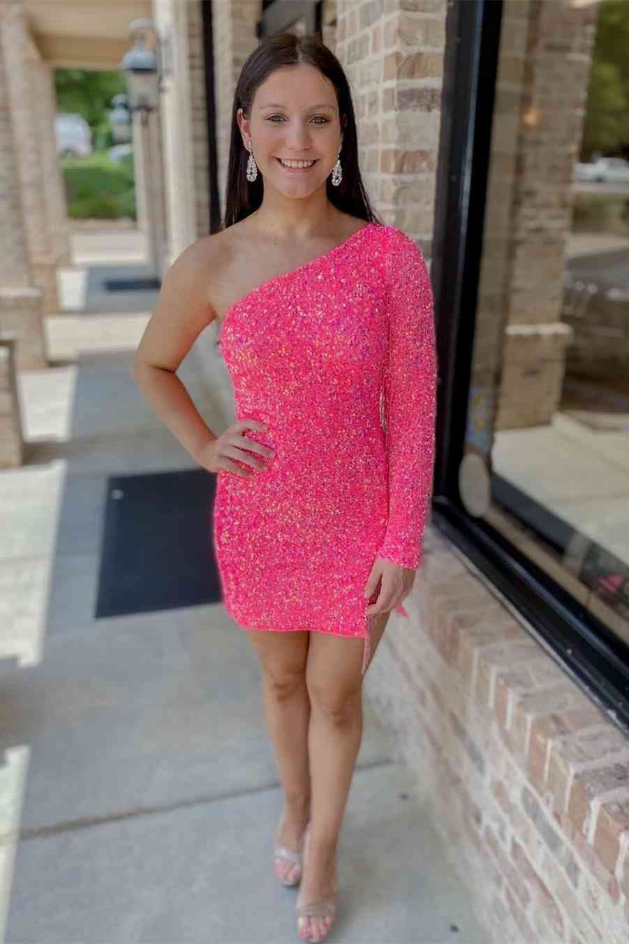 Sky Blue Sheath Long Sleeve Fringe Sequins Mini Party Dresses